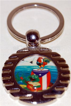 Dulces Tipicos Keychain, Gallo y Conga with the flag of Puerto Rico Puerto Rico